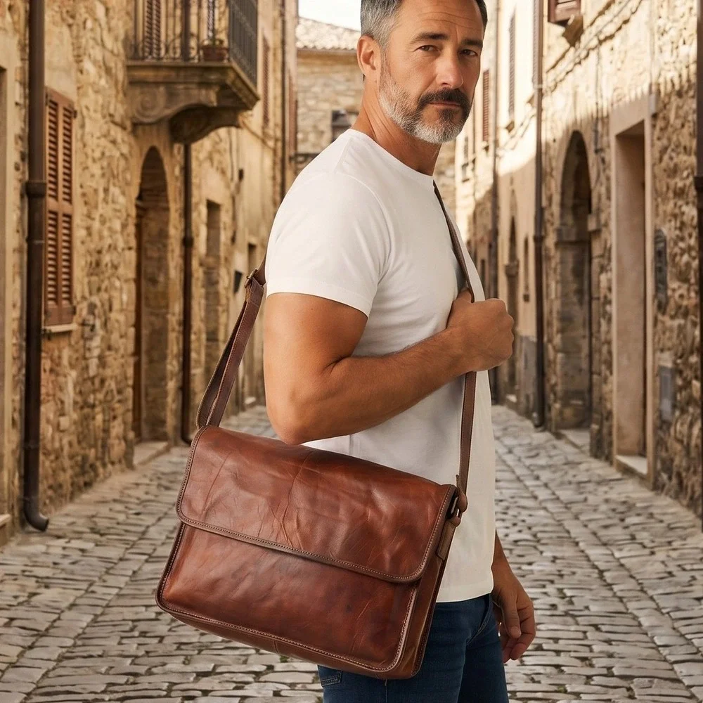 Urban Leather Mens Brown Distressed Leather Messenger Bag Satchel Briefcase